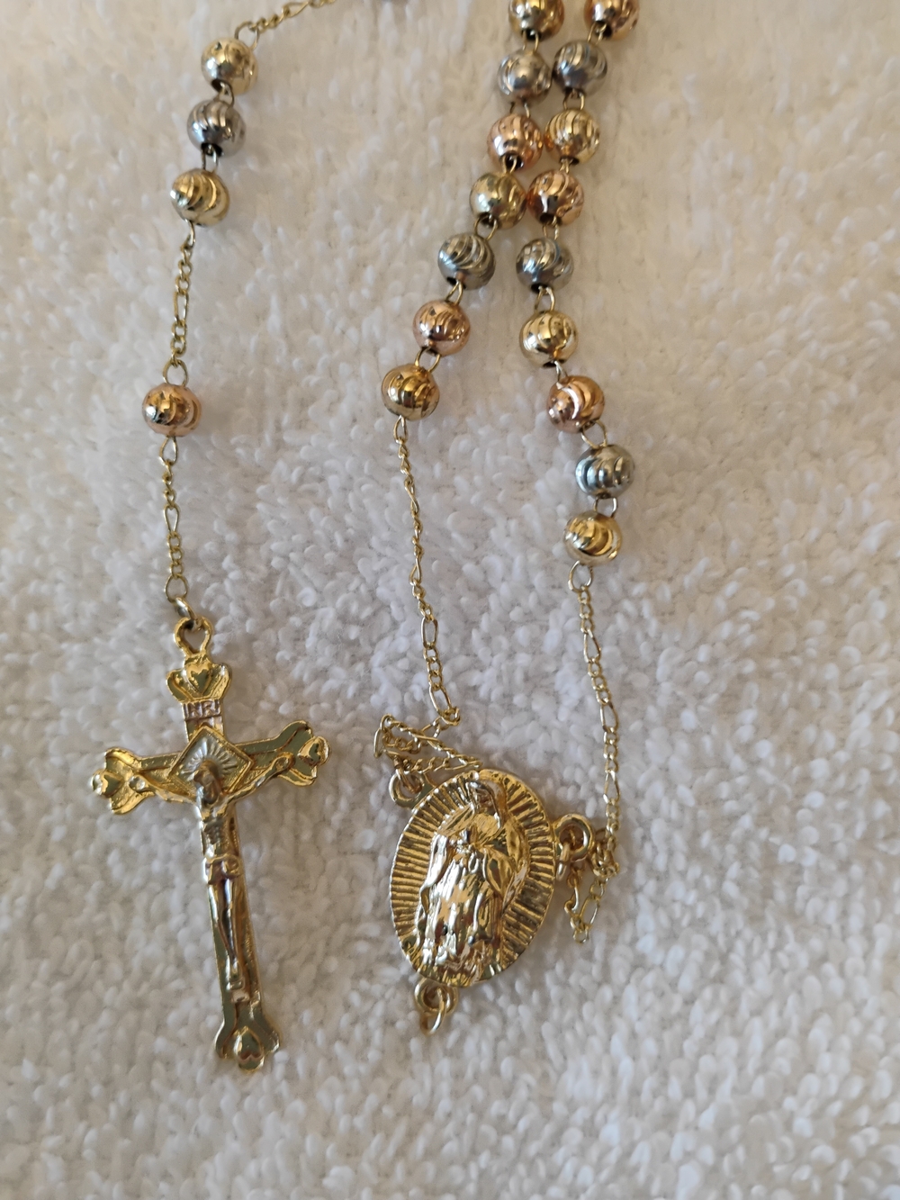 Tri-Tone Gold Rosary Necklace with Crucifix and Virgin Medal